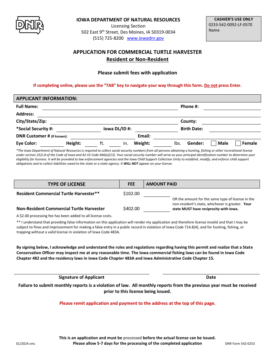 DNR Form 542-0253 Application for Commercial Turtle Harvester - Resident or Non-resident - Iowa, Page 1