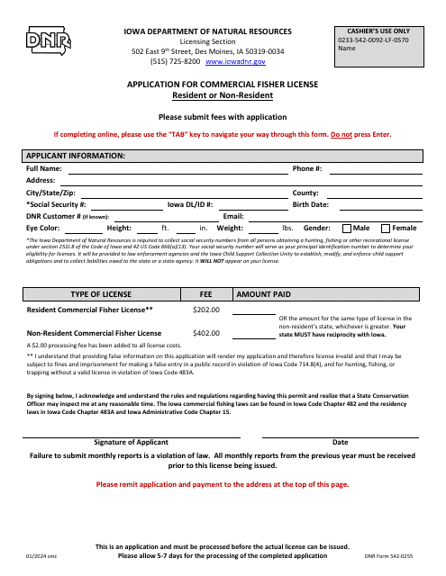 DNR Form 542-0255 Application for Commercial Fisher License - Resident or Non-resident - Iowa