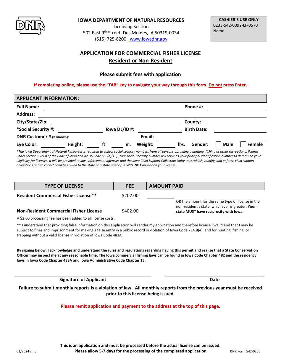 DNR Form 542-0255 Application for Commercial Fisher License - Resident or Non-resident - Iowa, Page 1