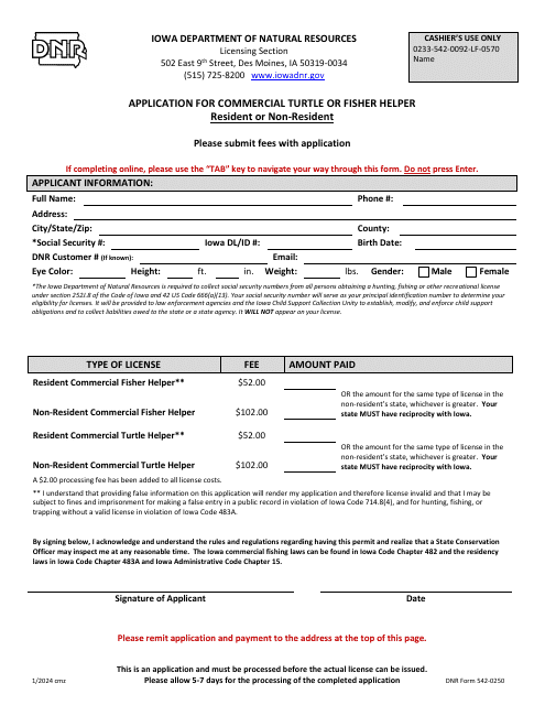 DNR Form 542-0250 Application for Commercial Turtle or Fisher Helper - Resident or Non-resident - Iowa