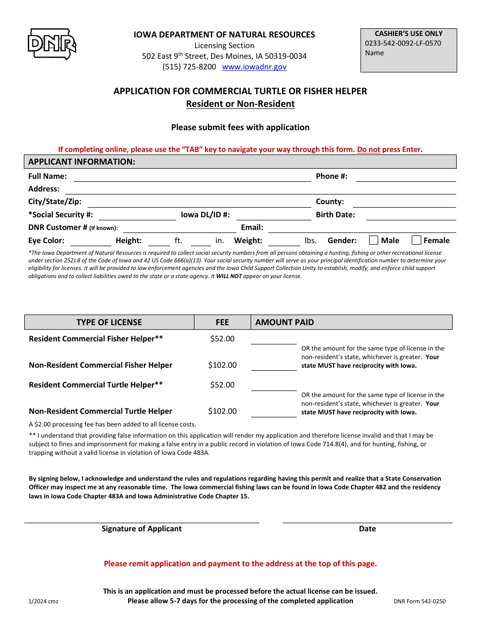 DNR Form 542-0250 Application for Commercial Turtle or Fisher Helper - Resident or Non-resident - Iowa, Page 1