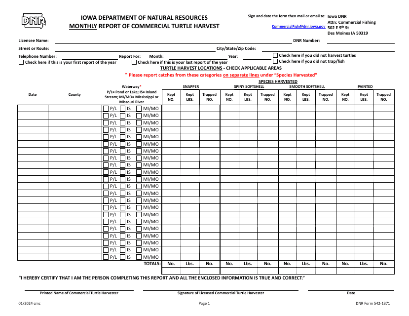 DNR Form 542-1371 Monthly Report of Commercial Turtle Harvest - Iowa
