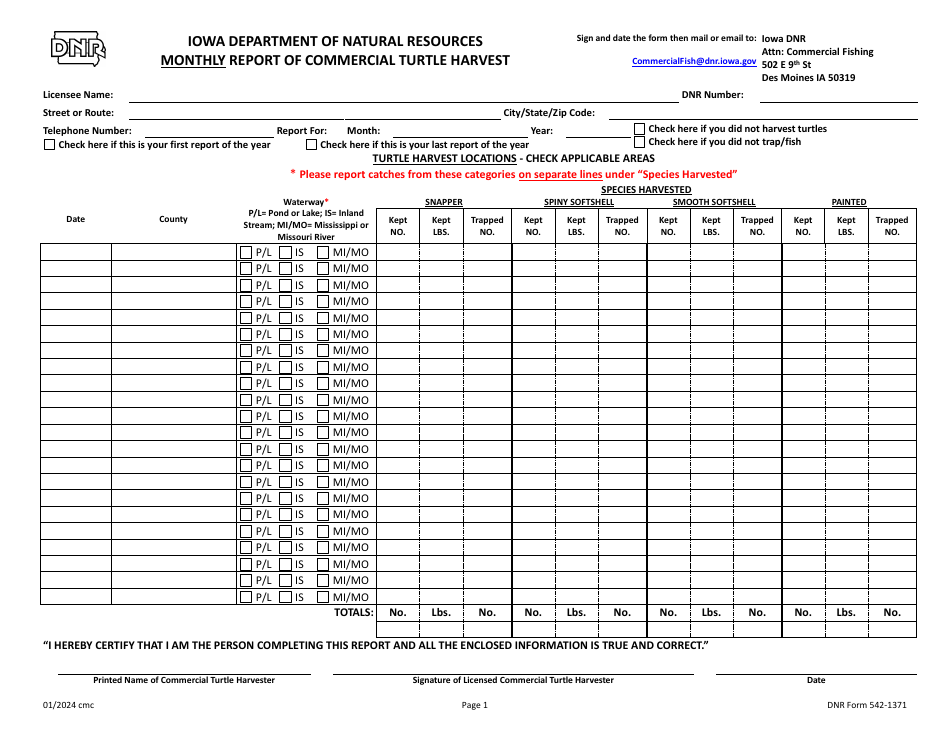 DNR Form 542-1371 Monthly Report of Commercial Turtle Harvest - Iowa, Page 1