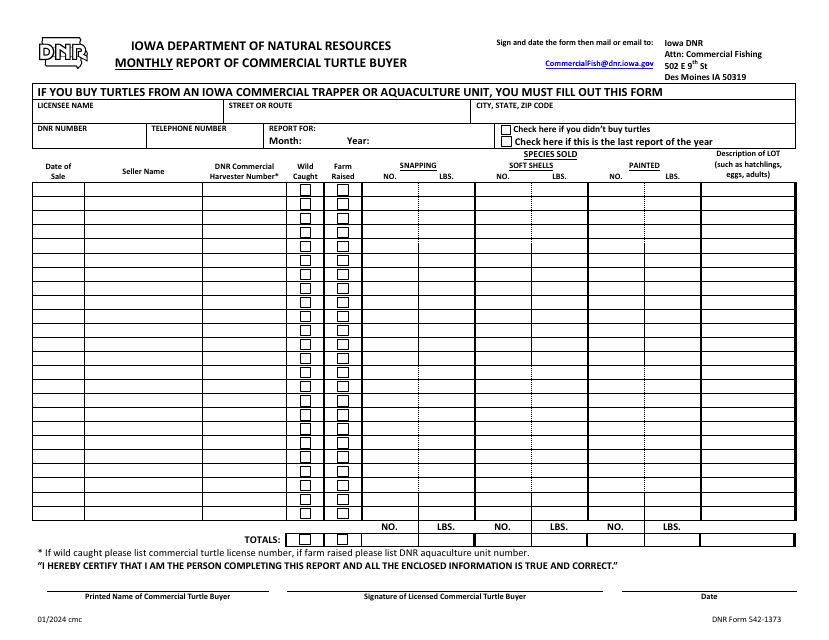 DNR Form 542-1373 Monthly Report of Commercial Turtle Buyer - Iowa