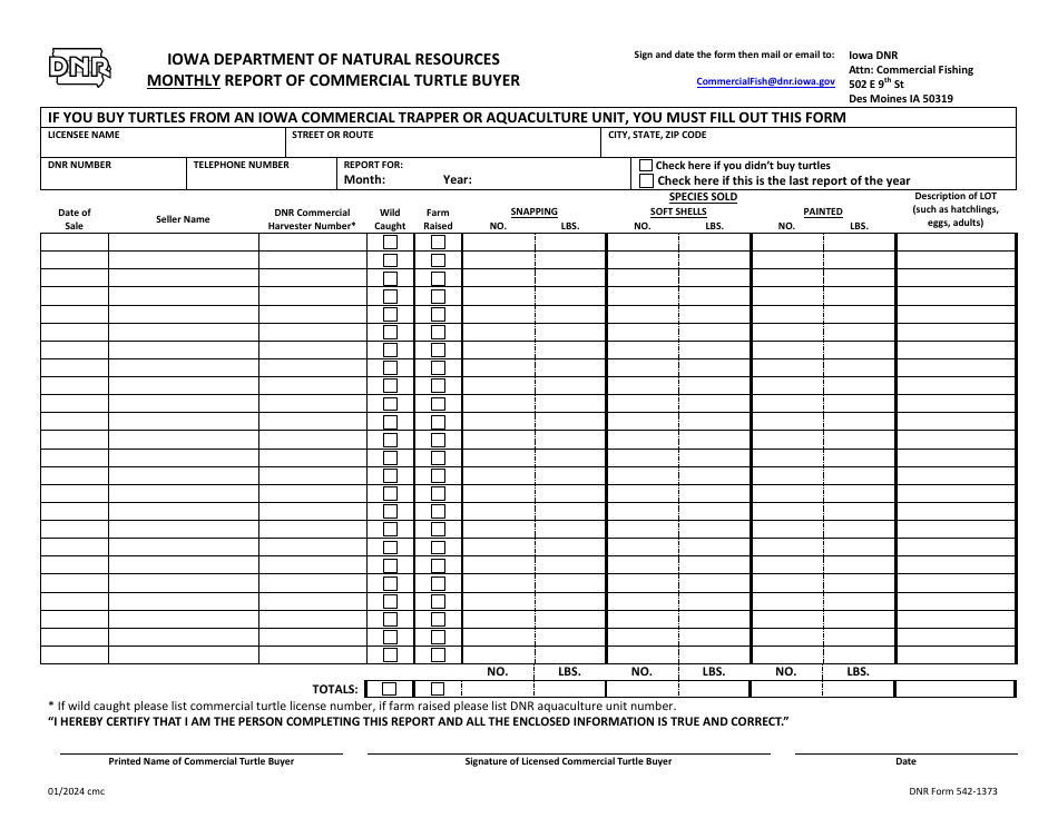 DNR Form 542-1373 Monthly Report of Commercial Turtle Buyer - Iowa, Page 1