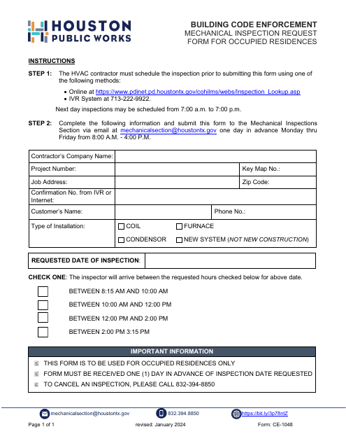 Form CE-1048 Mechanical Inspection Request Form for Occupied Residences - City of Houston, Texas