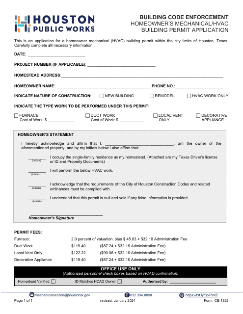 Form CE-1352 Homeowner's Mechanical/HVAC Building Permit Application - City of Houston, Texas
