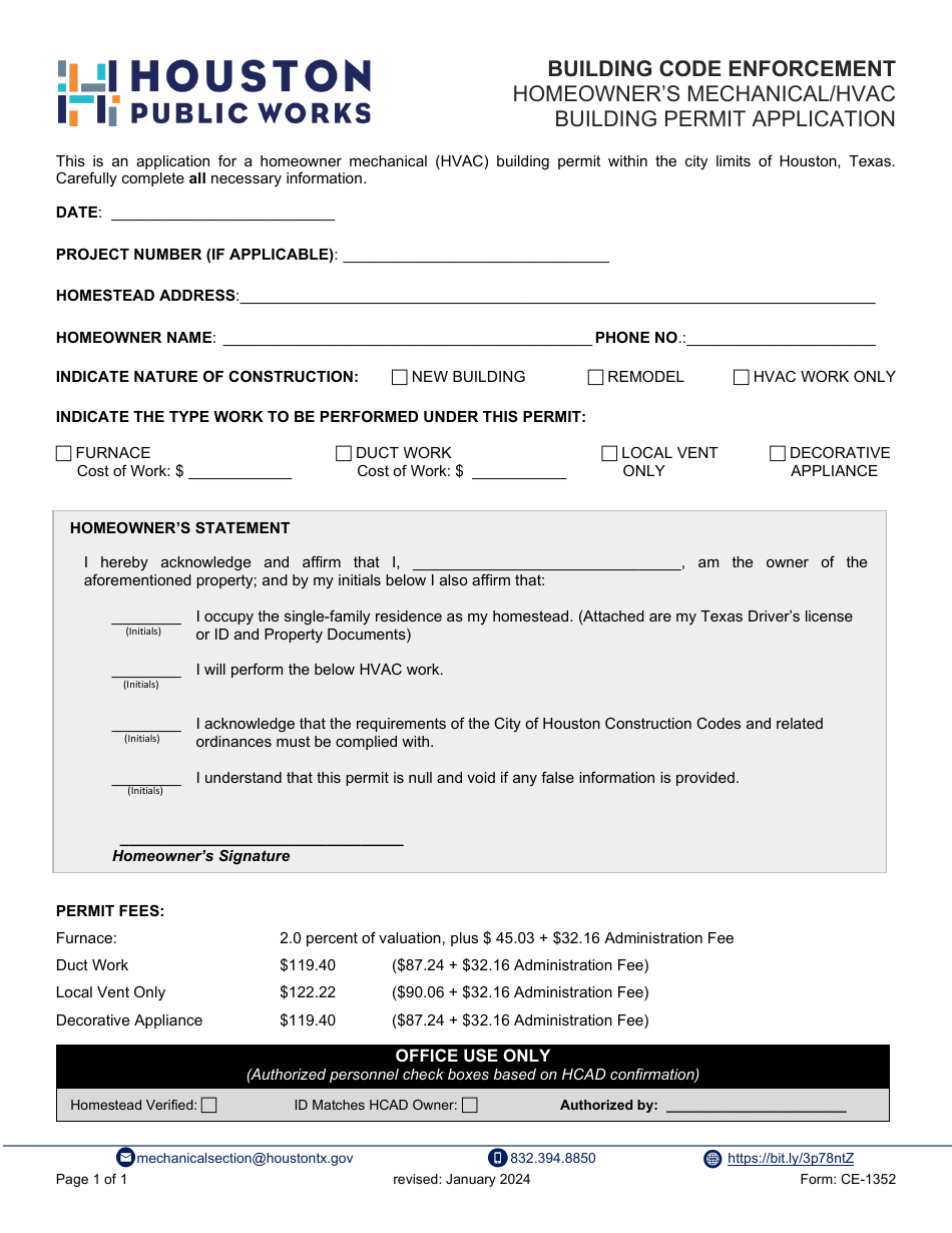 Form CE-1352 Homeowners Mechanical / HVAC Building Permit Application - City of Houston, Texas, Page 1