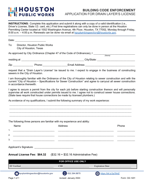 Form CE-1201 Application for Drain Layer's License - City of Houston, Texas