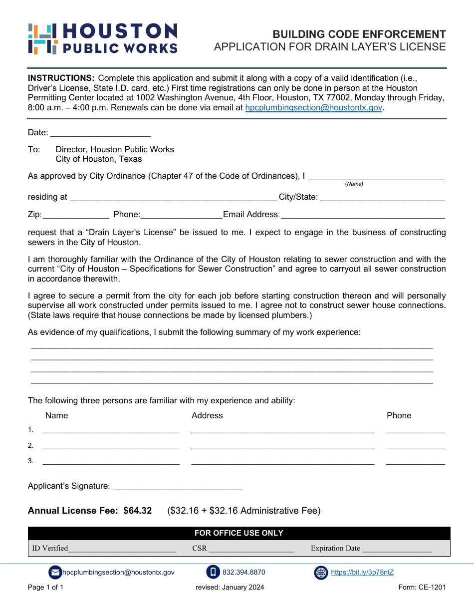 Form CE-1201 Application for Drain Layers License - City of Houston, Texas, Page 1
