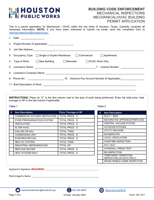 Form CE-1017 Mechanical Inspections Mechanical/HVAC Building Permit Application - City of Houston, Texas