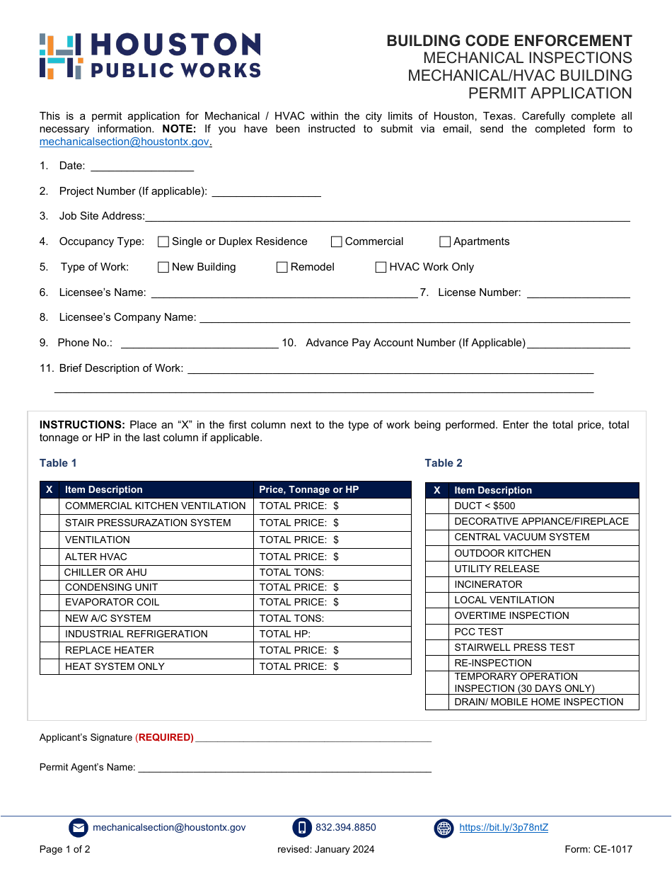 Form CE-1017 Mechanical Inspections Mechanical / HVAC Building Permit Application - City of Houston, Texas, Page 1