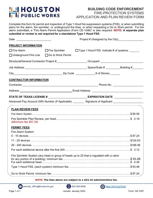 Form CE-1047 Fire-Protection Systems Application and Plan Review Form - City of Houston, Texas