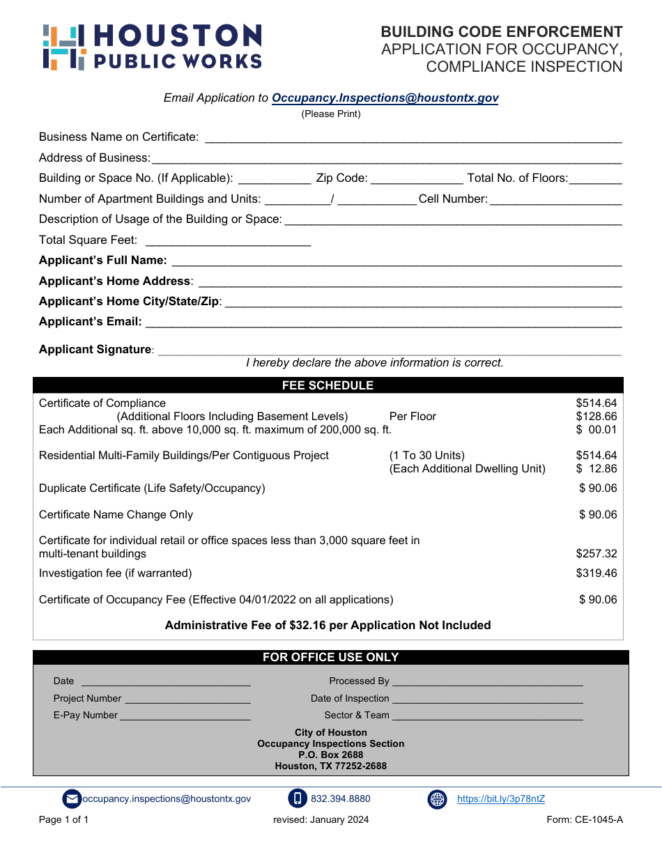 Form CE-1045-A Application for Occupancy, Compliance Inspection - City of Houston, Texas, Page 1