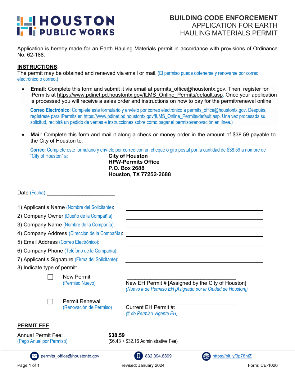 Form CE-1026 Application for Earth Hauling Materials Permit - City of Houston, Texas, Page 1