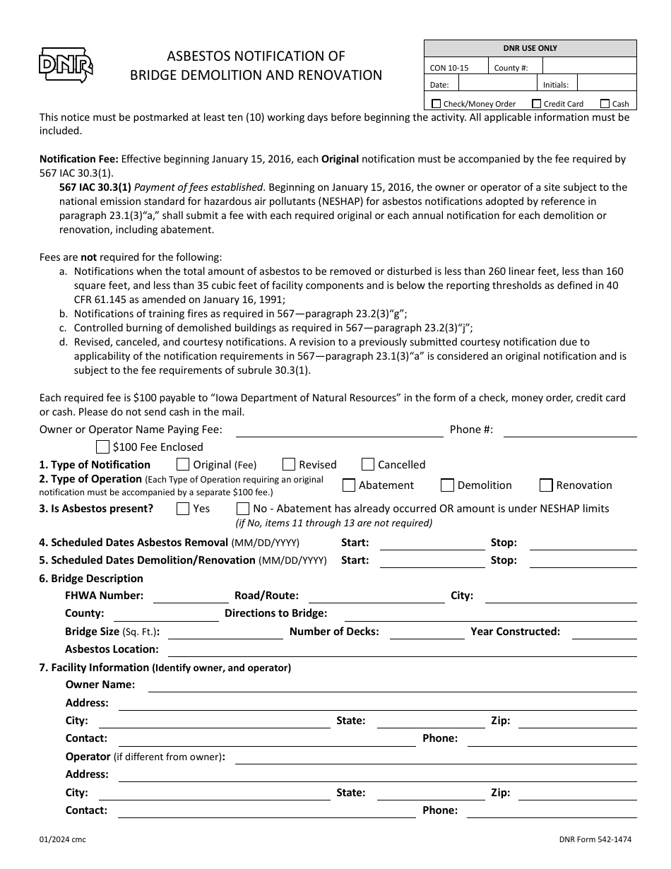 DNR Form 542-1474 Download Fillable PDF Or Fill Online Asbestos ...