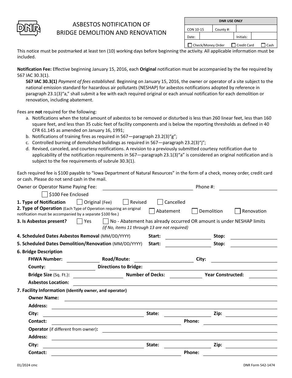 DNR Form 542-1474 Asbestos Notification of Bridge Demolition and Renovation - Iowa, Page 1