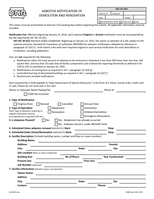 DNR Form 542-1476 Asbestos Notification of Demolition and Renovation - Iowa