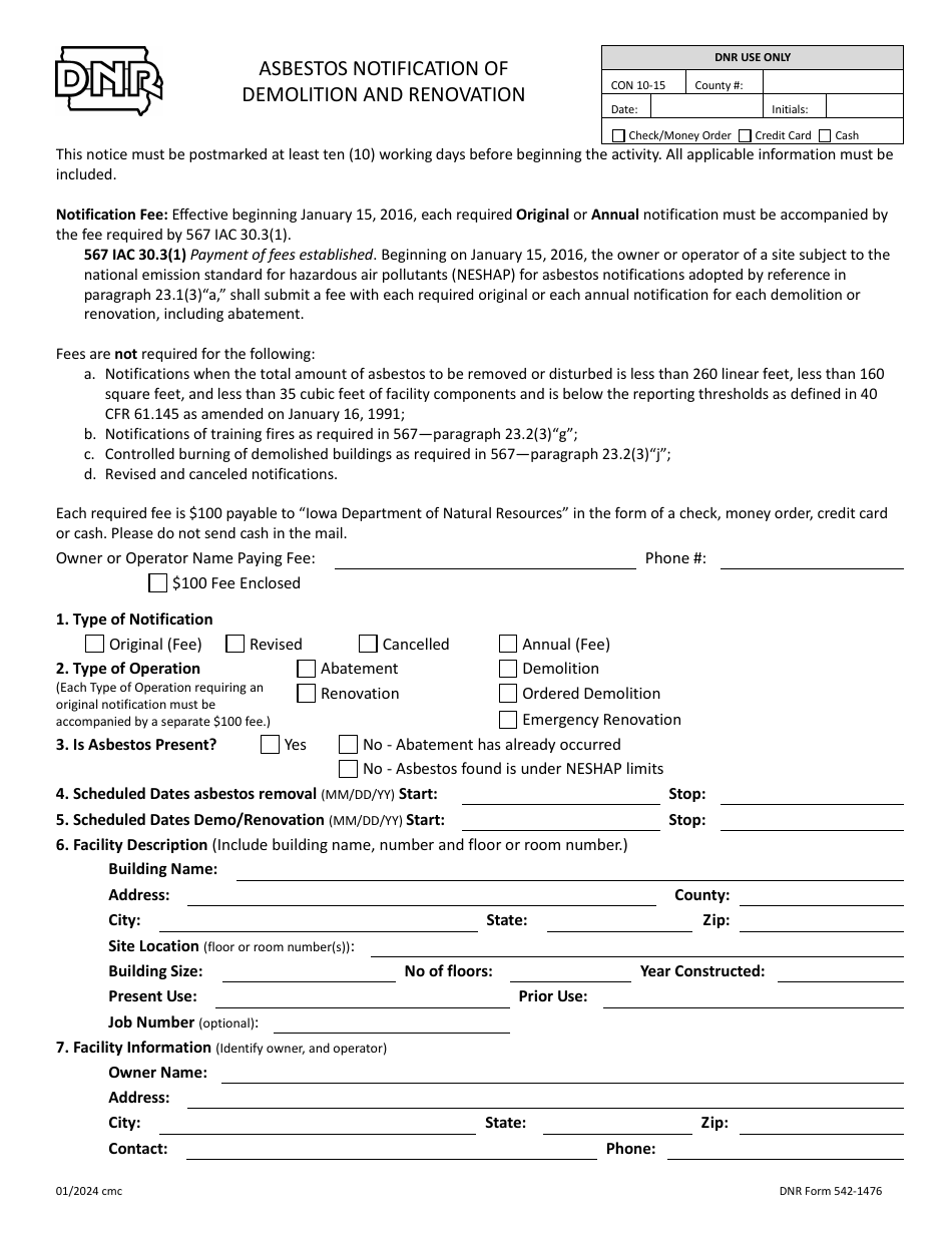 DNR Form 542-1476 Download Fillable PDF Or Fill Online Asbestos ...