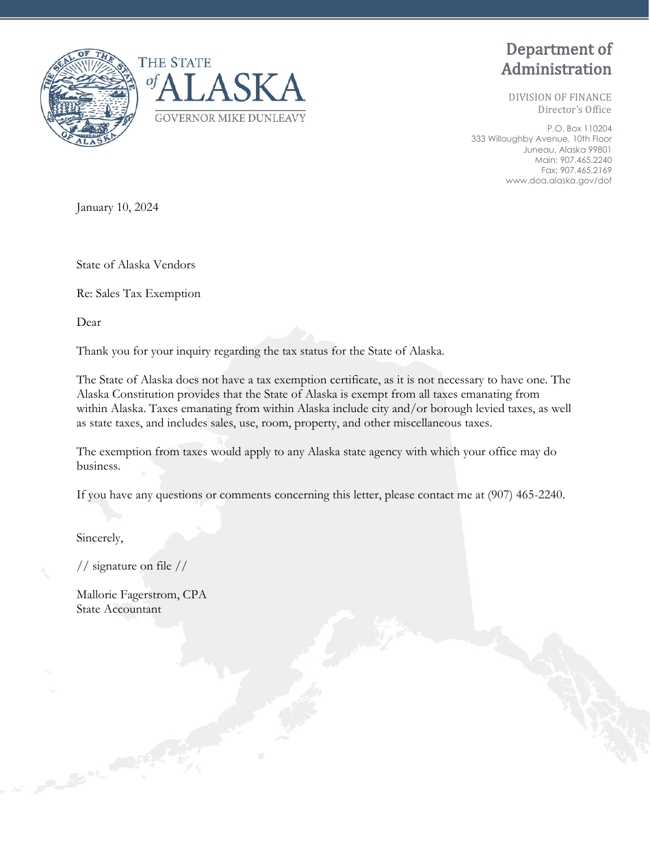 State Sales Tax Exemption - Response Letter - Alaska, Page 1