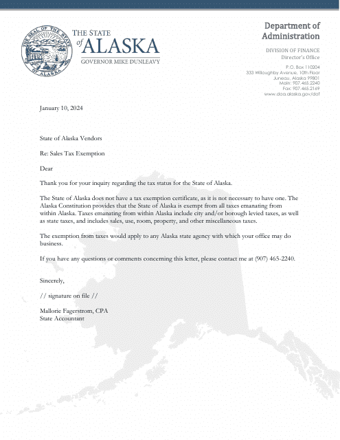 State Sales Tax Exemption - Response Letter - Alaska Download Pdf