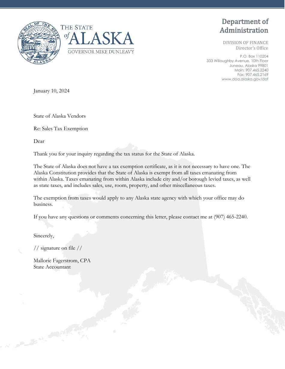 Alaska State Sales Tax Exemption Response Letter Fill Out, Sign