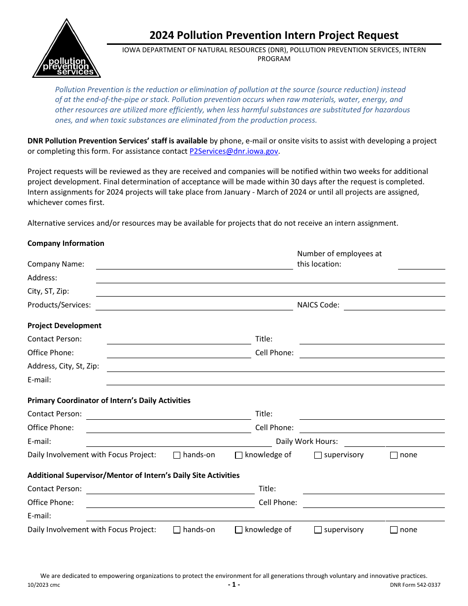 DNR Form 542-0337 Pollution Prevention Intern Project Request - Iowa, Page 1