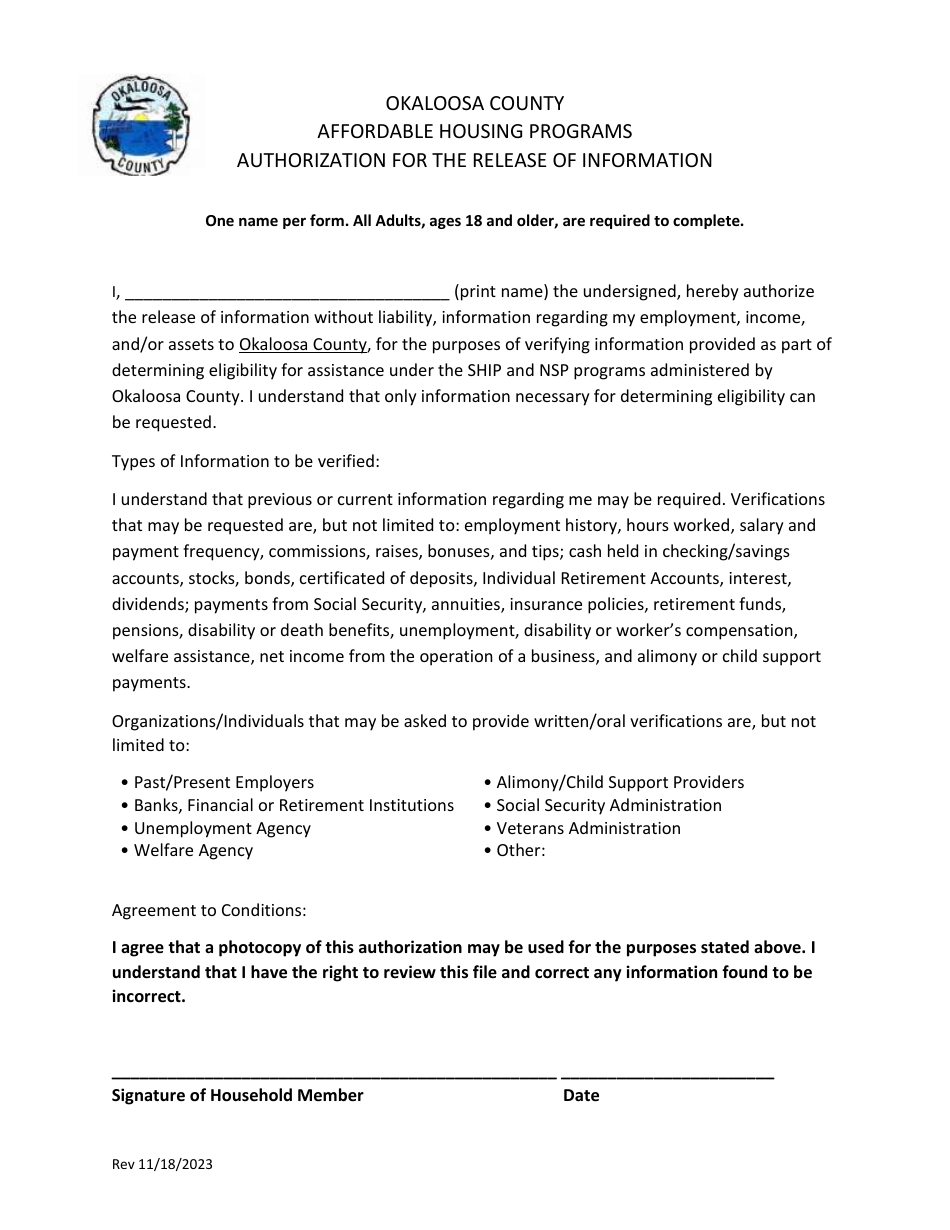 Authorization for the Release of Information - Affordable Housing Programs - Okaloosa County, Florida, Page 1