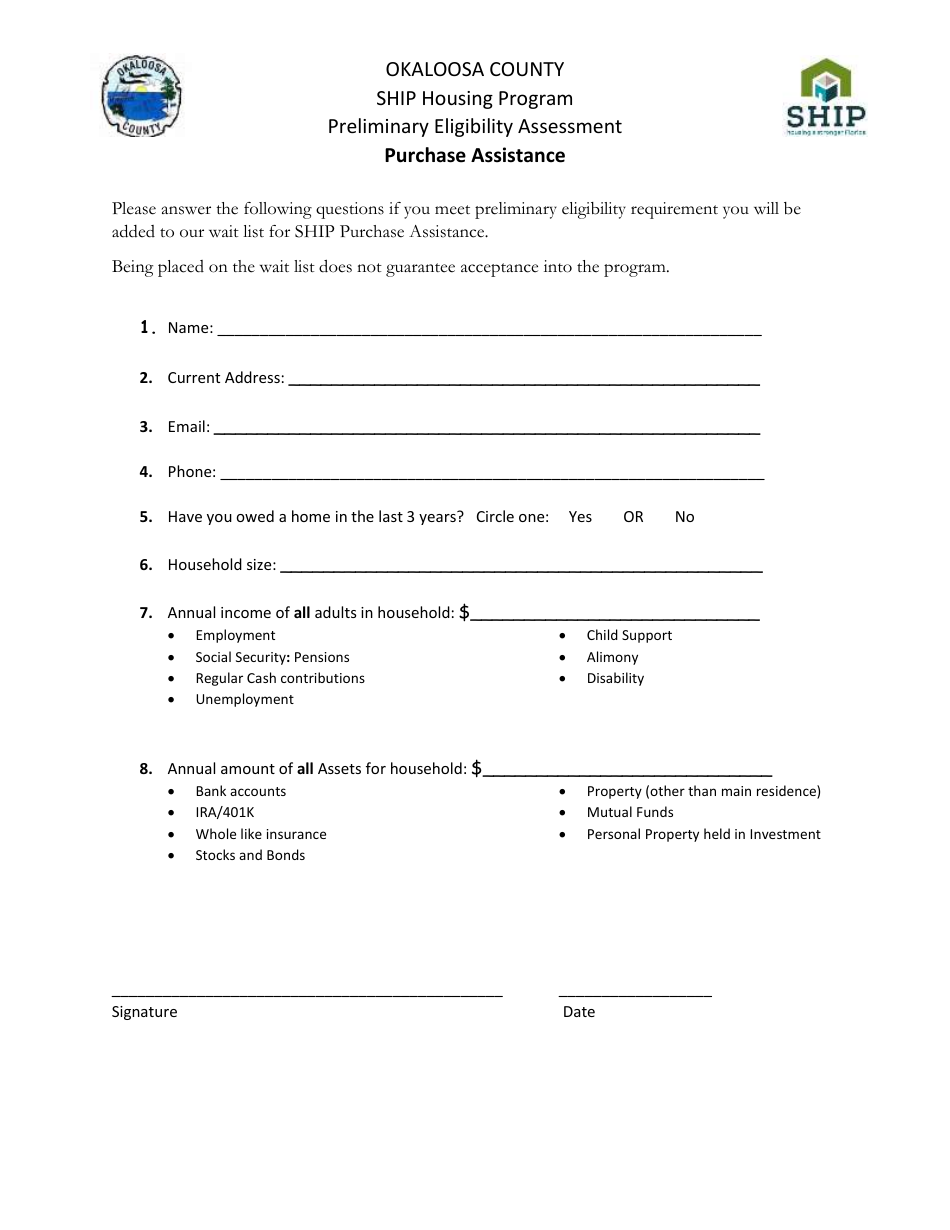 Preliminary Eligibility Assessment - Purchase Assistance - Ship Housing Program - Okaloosa County, Florida, Page 1