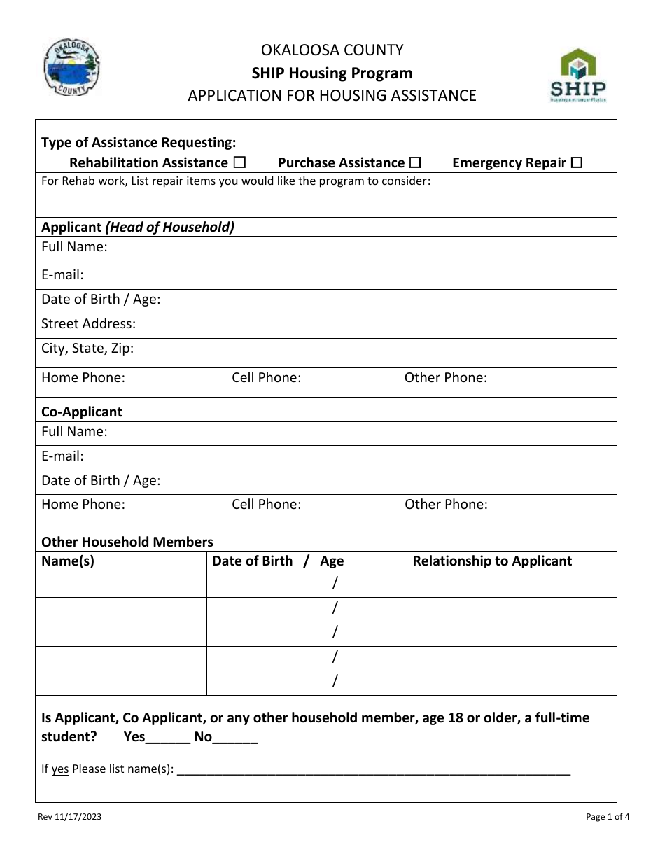 Application for Housing Assistance - Ship Housing Program - Okaloosa County, Florida, Page 1