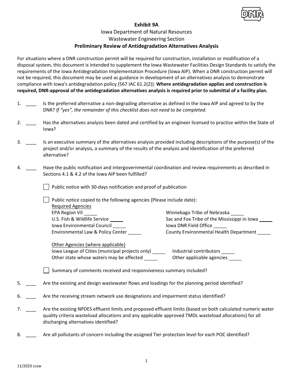 DNR Form 542-0109 Exhibit 9A Preliminary Review of Antidegradation Alternatives Analysis - Iowa, Page 1