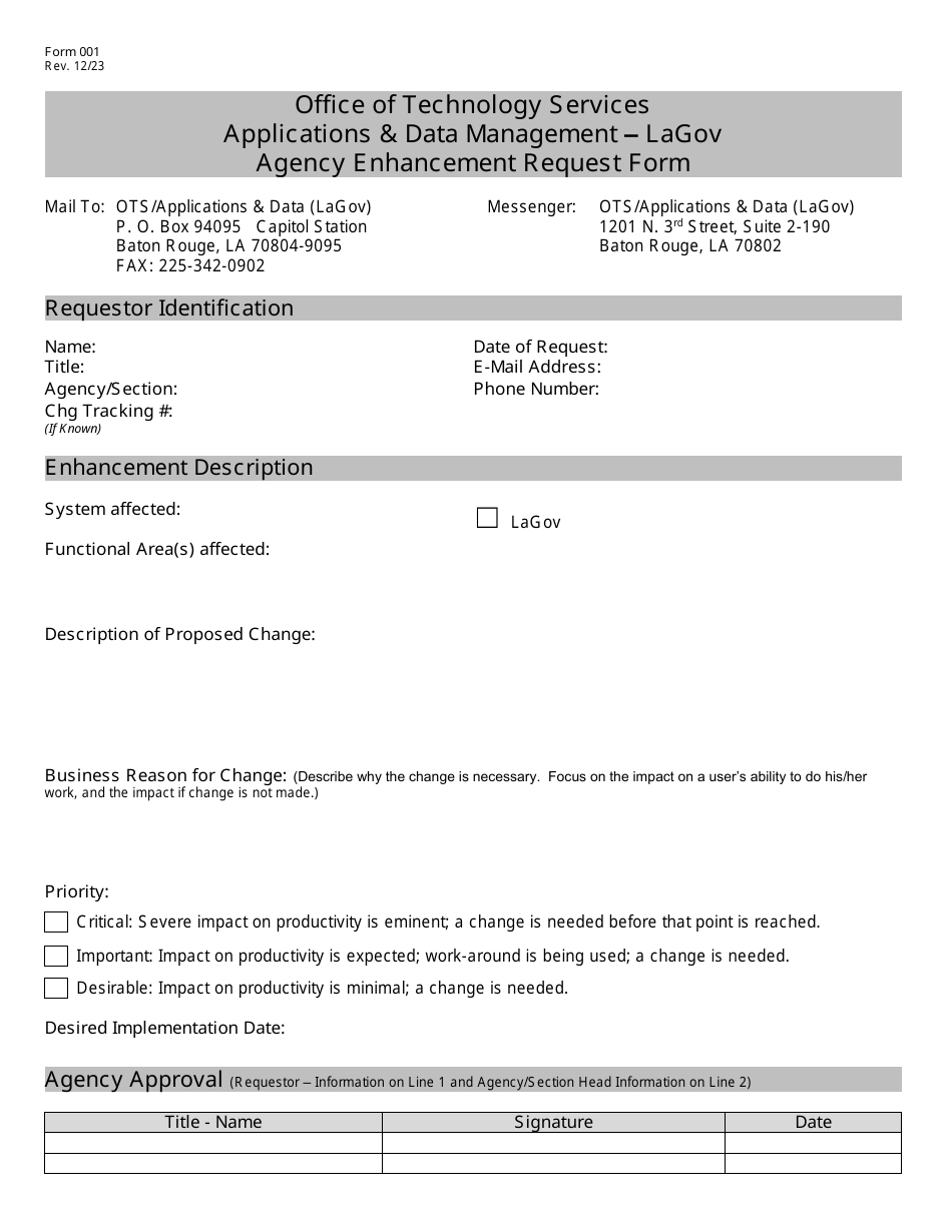 Form 001 Lagov Agency Enhancement Request Form - Louisiana, Page 1