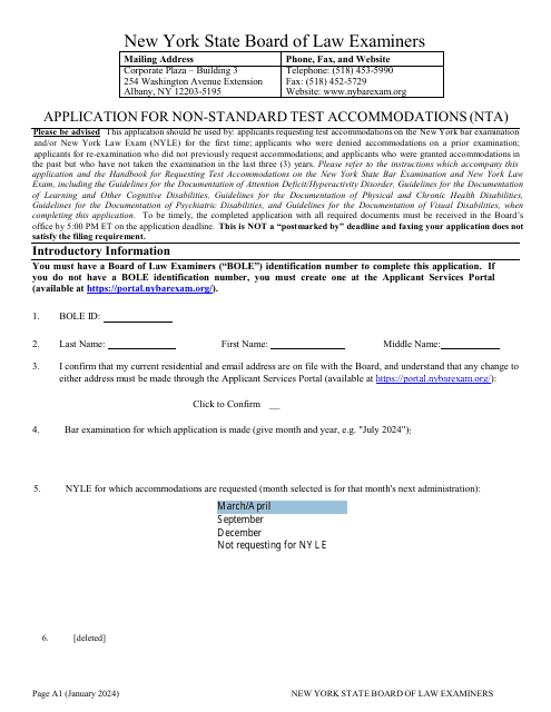 Application for Non-standard Test Accommodations (Nta) - New York Download Pdf