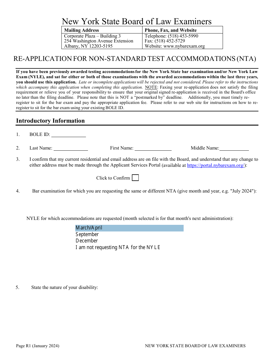 Re-application for Non-standard Test Accommodations (Nta) - New York, Page 1