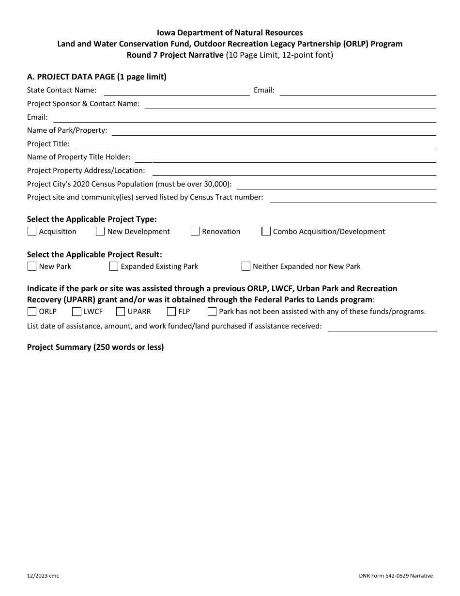 DNR Form 542-0529 Round 7 Project Narrative - Outdoor Recreation Legacy Partnership (Orlp) Program - Iowa, Page 1