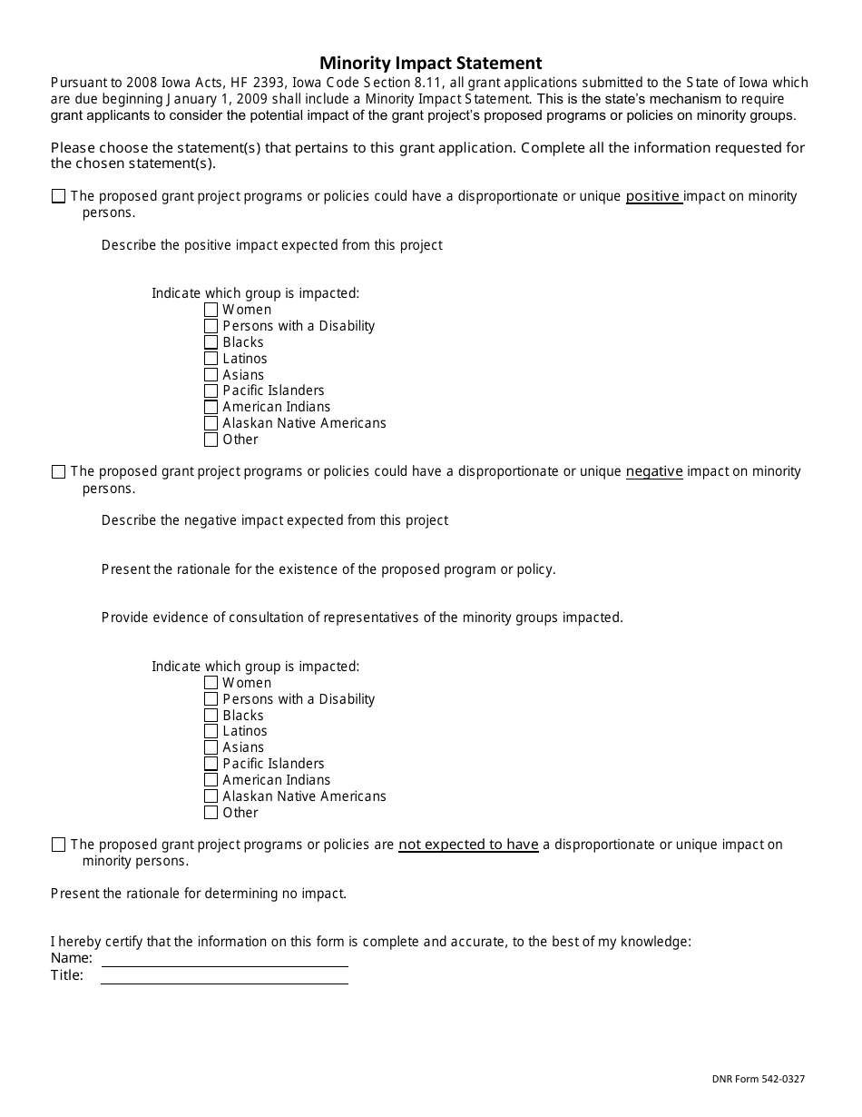 DNR Form 542-0327 Minority Impact Statement - Iowa, Page 1