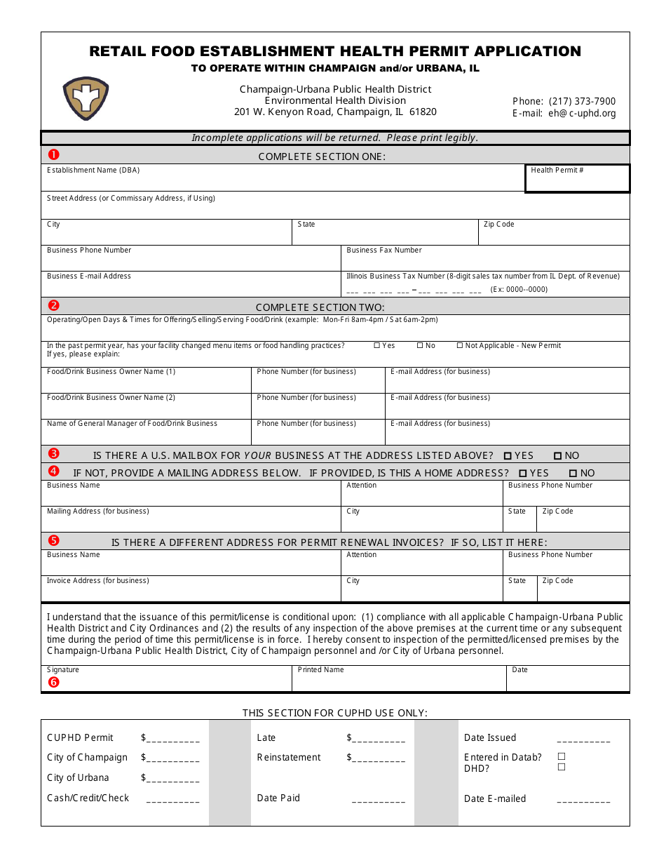 Retail Food Establishment Health Permit Application to Operate Within Champaign and / or Urbana - Champaign County, Illinois, Page 1