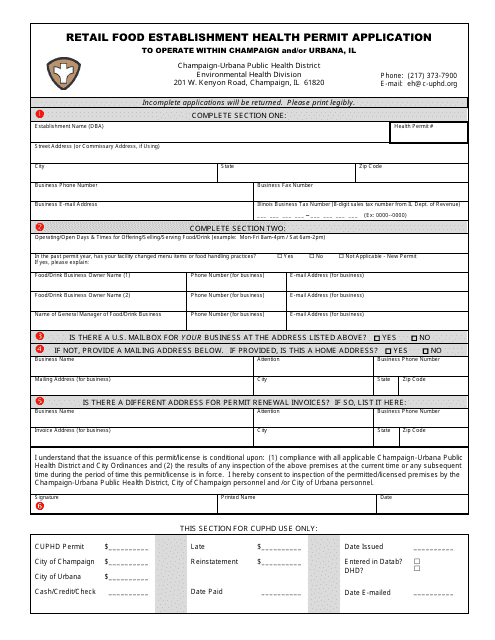 Retail Food Establishment Health Permit Application to Operate Within Champaign and / or Urbana - Champaign County, Illinois Download Pdf