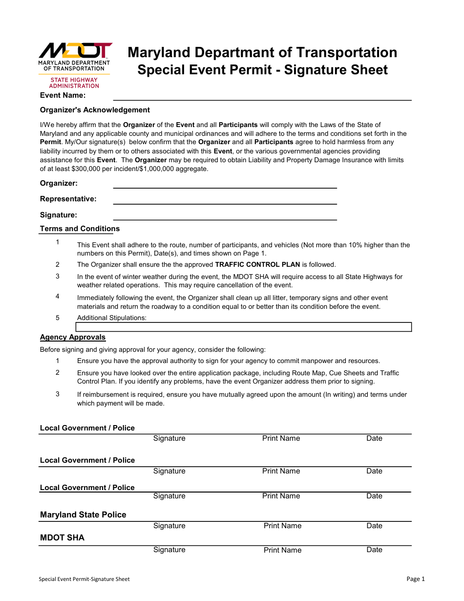 Special Event Permit - Signature Sheet - Maryland, Page 1