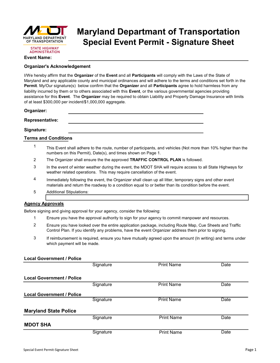 Maryland Special Event Permit - Signature Sheet - Fill Out, Sign Online ...