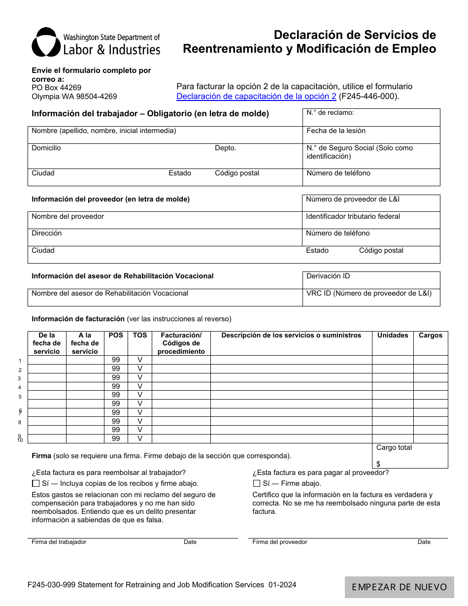 Formulario F245-030-999 Declaracion De Servicios De Reentrenamiento Y Modificacion De Empleo - Washington (Spanish), Page 1