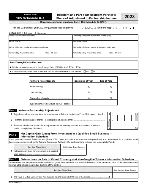 Arizona Form 165 (ADOR10344) Schedule K-1 Resident and Part-Year Resident Partner's Share of Adjustment to Partnership Income - Arizona, 2023