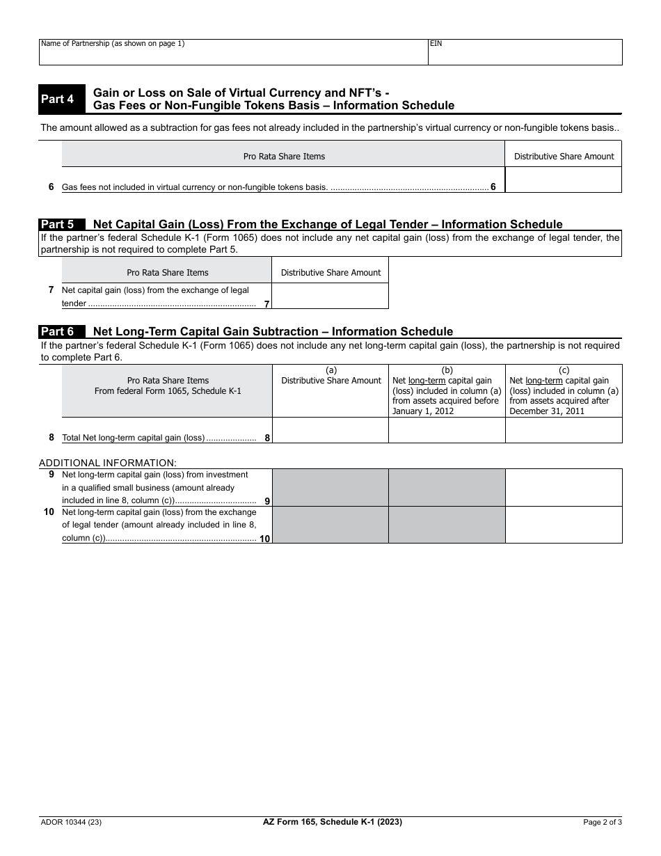 Arizona Form 165 Ador10344 Schedule K 1 Download Fillable Pdf Or Fill Online Resident And Part 6131