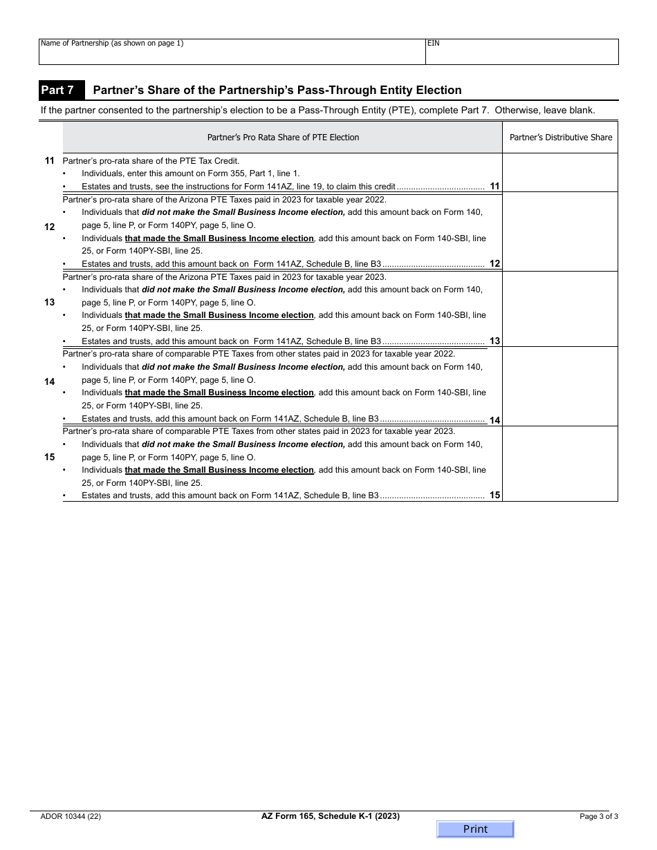 Arizona Form 165 (ADOR10344) Schedule K-1 Resident and Part-Year Resident Partners Share of Adjustment to Partnership Income - Arizona, Page 3