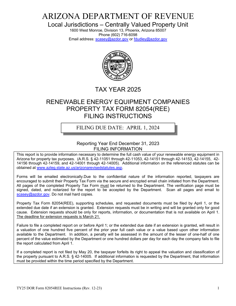 Instructions for DOR Form 82054REE Renewable Energy Equipment Property Tax Form - Arizona, Page 1