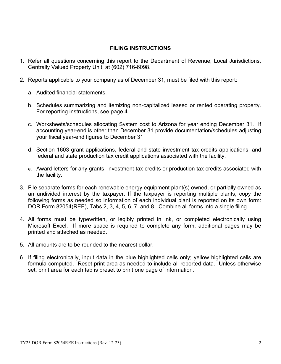 Instructions for DOR Form 82054REE Renewable Energy Equipment Property Tax Form - Arizona, Page 2