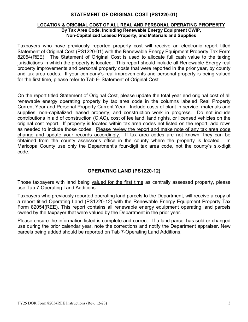 Instructions for DOR Form 82054REE Renewable Energy Equipment Property Tax Form - Arizona, Page 3