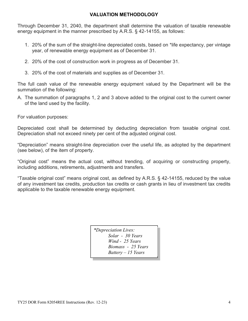 Instructions for DOR Form 82054REE Renewable Energy Equipment Property Tax Form - Arizona, Page 4