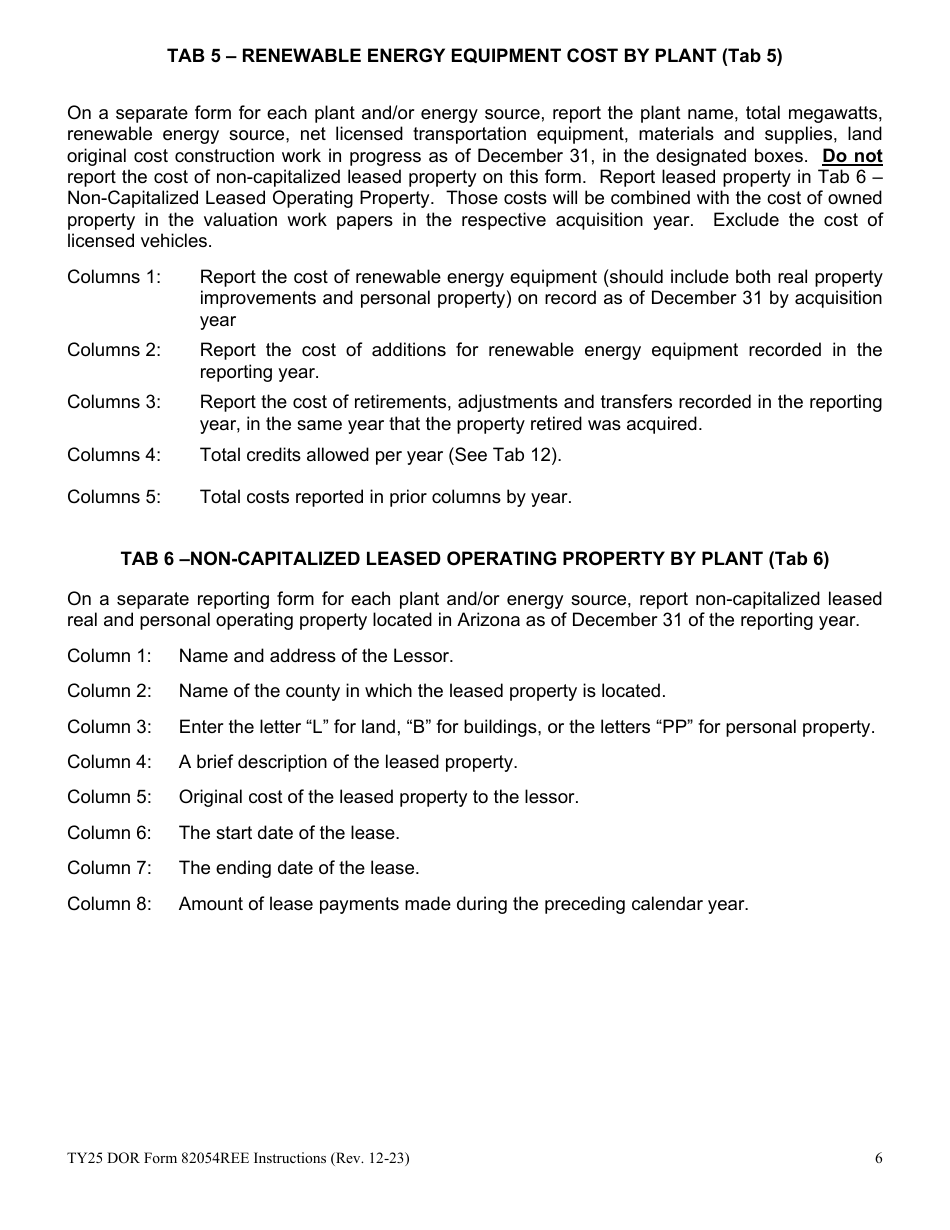 Instructions for DOR Form 82054REE Renewable Energy Equipment Property Tax Form - Arizona, Page 6