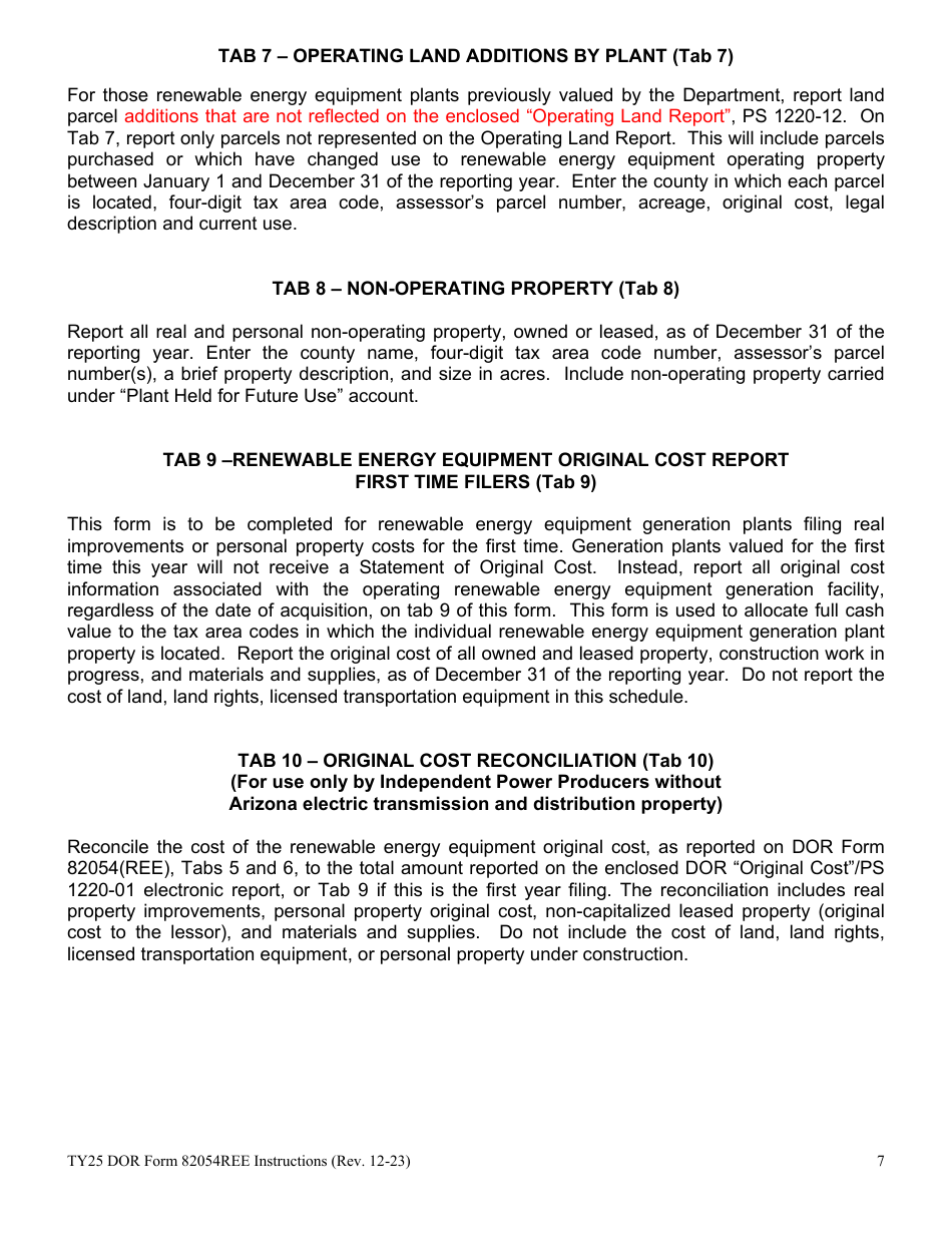 Instructions for DOR Form 82054REE Renewable Energy Equipment Property Tax Form - Arizona, Page 7